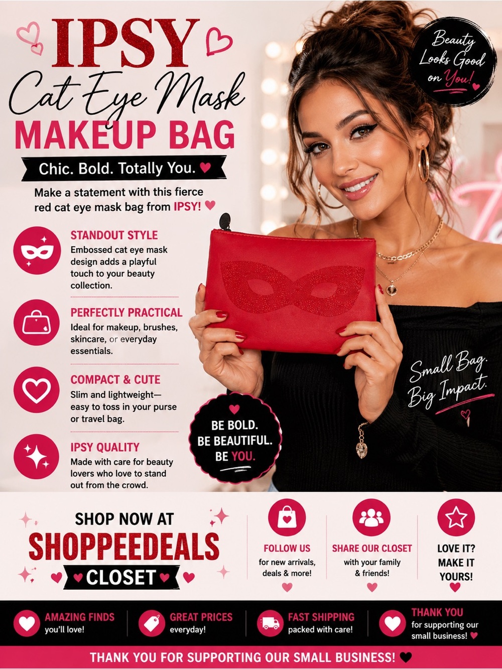Ipsy Red Embossed Cat Eye Mask Makeup Bag